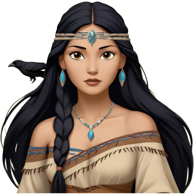 Cinematic Realistic Pocahontas Portrait, depicted with lifelike skin texture, soft natural lighting, and intricately detailed long, flowing raven-black hair that moves gracefully in the wind. Her deep, soulful dark brown eyes exude wisdom and strength, complemented by a serene yet powerful expression. She is dressed in her classic one-shoulder native american dress, with rich fabric textures and delicate beaded details that catch the light beautifully. The portrait features a soft, sun-kissed glow with a natural, radiant finish, capturing the essence of untamed beauty and deep connection to nature in a realistic and painterly style, evoking a sense of depth and authenticity. emoji