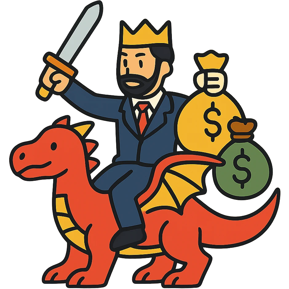 Red dragon-riding business warrior with sword and gold crown. Fantasy RPG style merchant king with money bags and treasure. emoji