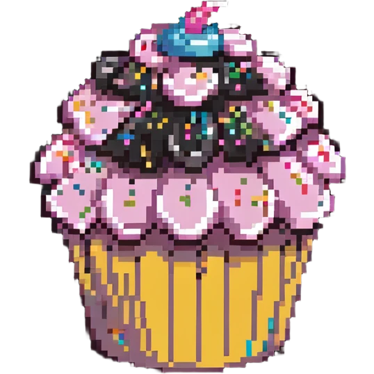 giant cupcake with pink icing and colorful sprinkles in pixel art style emoji