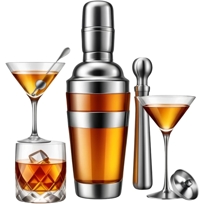 bar items set including cocktail shaker, wine glasses, whiskey bottle emoji