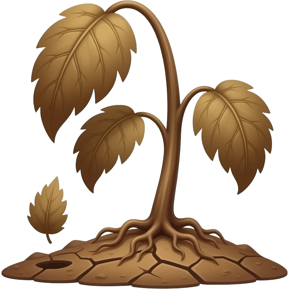 Wilted dead dark brown plant from the ground with leafs hanging and a leaf falling to the ground emoji