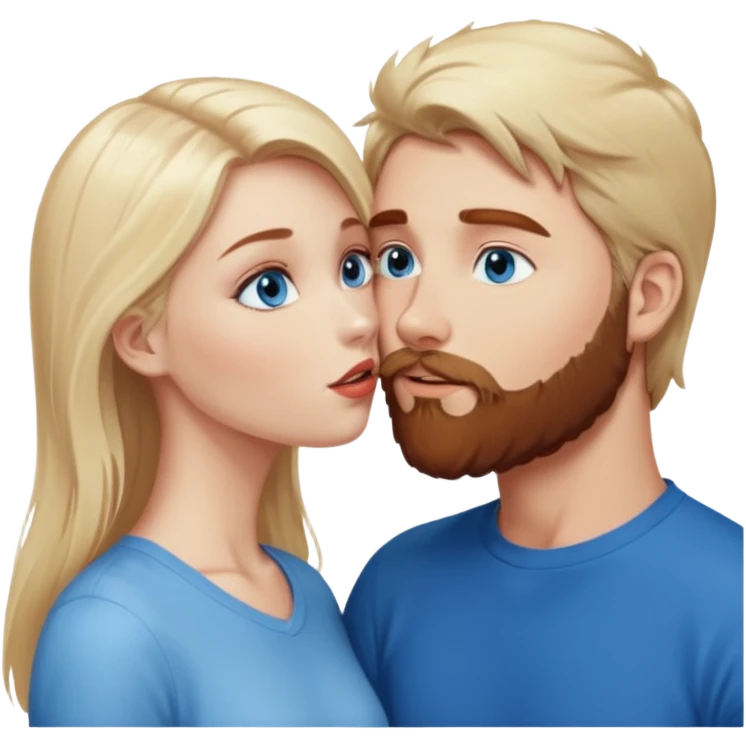 Long-pale-blonde hair, beautiful girl with blue eyes facing, kissing reddish-brown hair-beard boy blue eyed white guy emoji