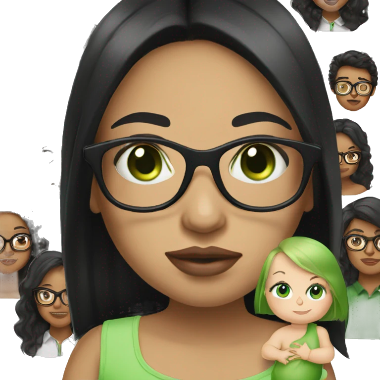 Black long straight hair, green eyes and glasses, big lips white girl holding one year old green eyes white baby boy emoji