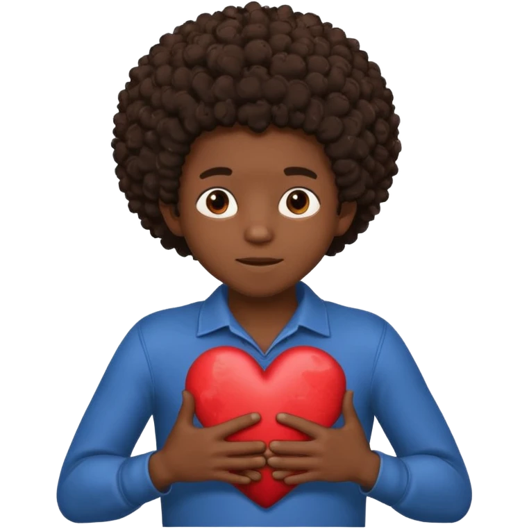 I want a black boy with chocolate skin and a small messy afro holding a heart close to his chest with his hands over the heart as if to present it to someone he loves. I want the name “Aja” on the heart. emoji