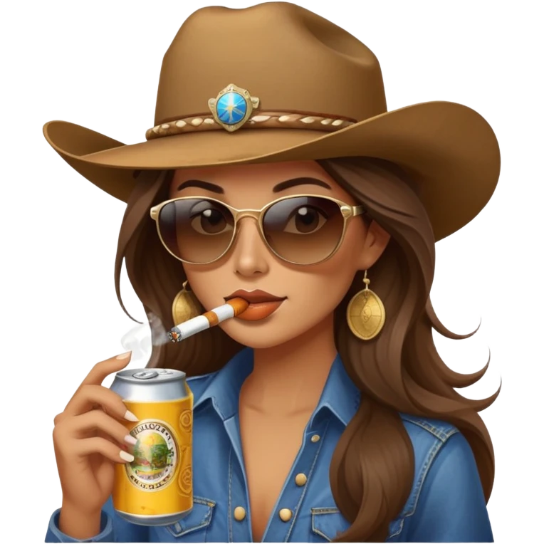 Country woman in cowboy hat with long brown hair with sunglasses on, a cigarette in her mouth and a beer can in her hand  emoji