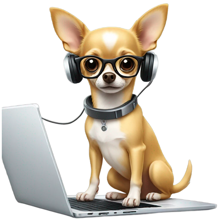 Chihuahua working laptop with glasses and headphones emoji