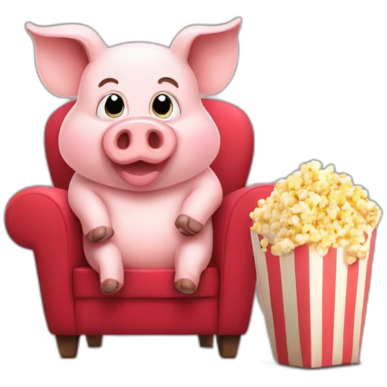 Funny pig sitting on a chair with popcorn emoji