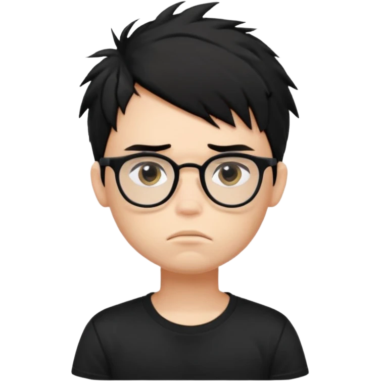 generate a pretty bratz fair skinned boy with black messy hair wearing a black tshirt looking bored n tired. Glasses on emoji