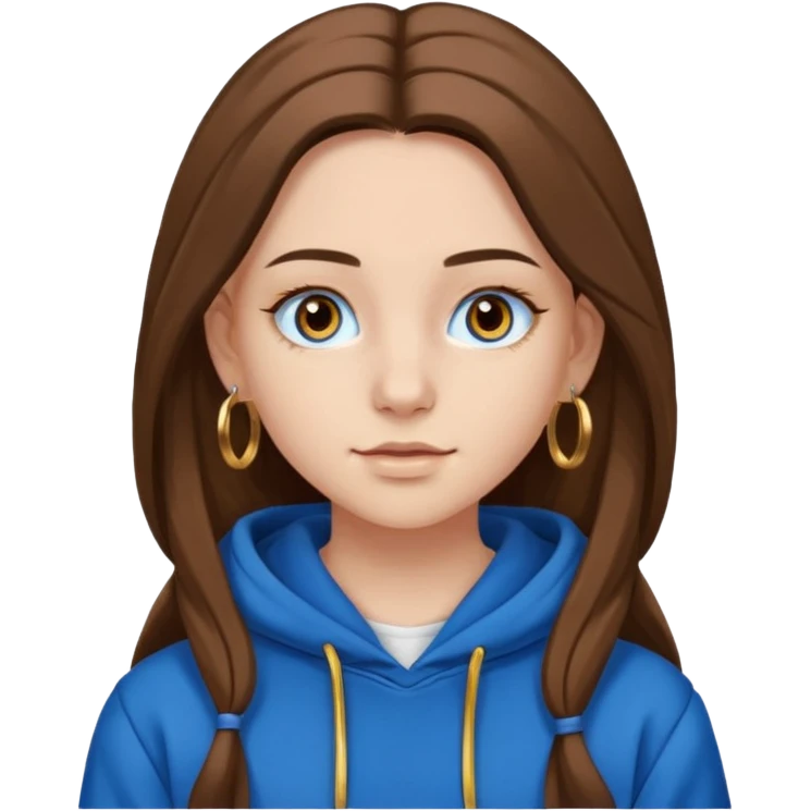 teen girl, white skin, long brown hair middle parted, brown eyes, blue hoodie eyelashes and gold earrings emoji
