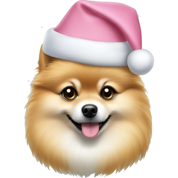 pomeranian dog light blue eyes pink christmas hat on emoji