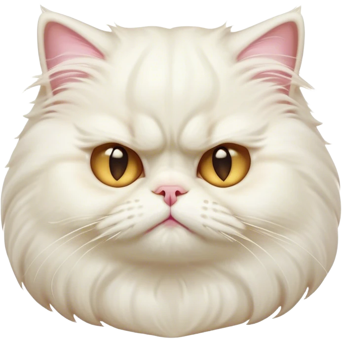 Cinematic Grumpy White Persian Cat Portrait Emoji, Head tilted playfully with a hint of sass, fluffy white fur with subtle hints of cream and golden tones, Simplified yet hilariously chubby features, highly detailed, glowing with a warm but undeniably grumpy glow, high shine, a mix of lazy and uninterested, stylized with a touch of whimsy, bright but with an expression of sheer disdain, soft glowing outline, capturing the essence of a mischievous yet chubby, grumpy kitty, so endearing it feels like it could stretch out of the screen and sarcastically demand attention with its iconic, grumpy charm! emoji