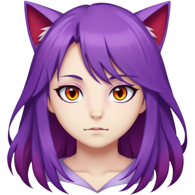 anime, adult neko, purple hair, left purple eye, left red eye, long hair, full screen face emoji