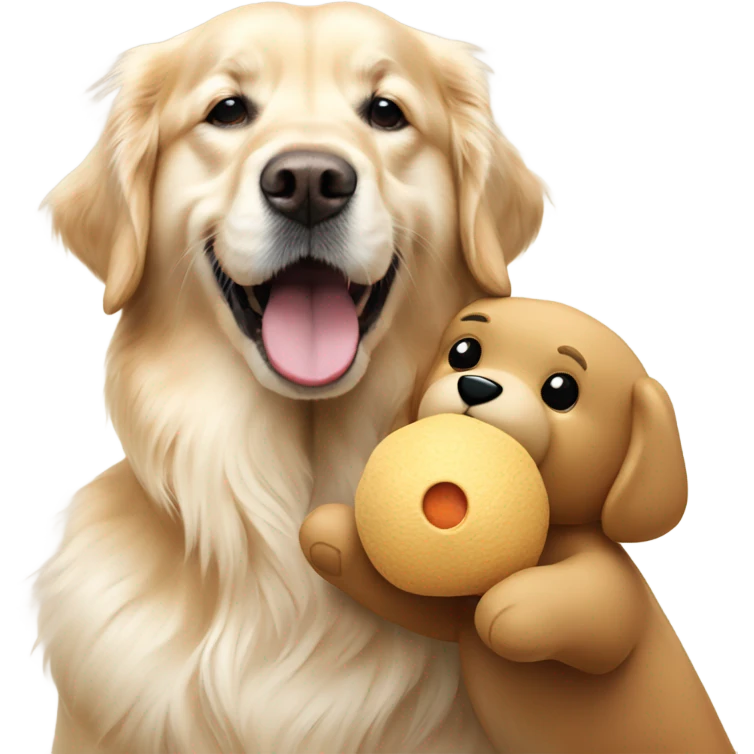 English cream golden retriever holding bear toy in mouth emoji