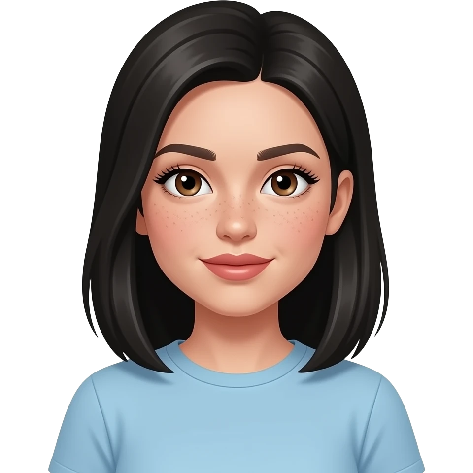 white girl, very beautiful woman, has a lot of freckles, with big plump lips, long long lashes, black straight hair medium length with hair tucked behind ears, brown eyes, light blue tshirt emoji