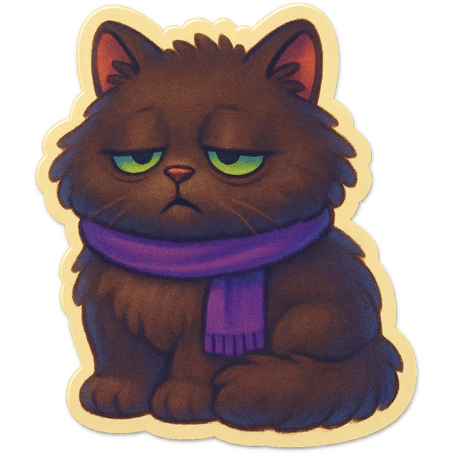Fluffy sleepy tired dopey cute dark-brown cat with green eyes and a purple scarf  emoji