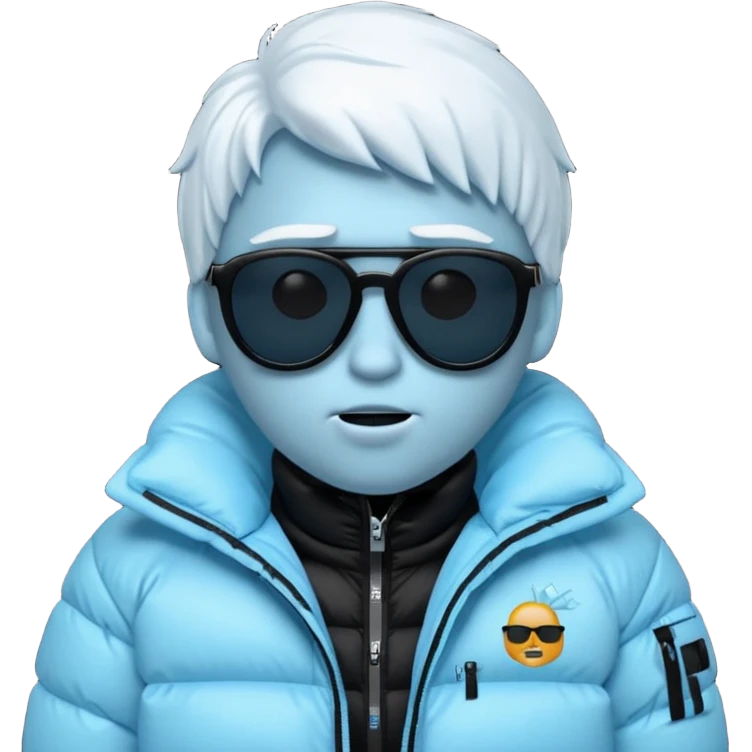 frozen ice face emoji wearing puffer jacket and cool blacked out shades, rap style underground aesthetic emoji