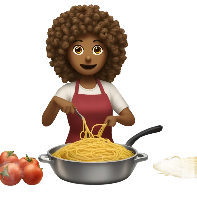Spaghetti cooking battle teenage girl with curly hair, adult woman with slightly wavy hair  emoji