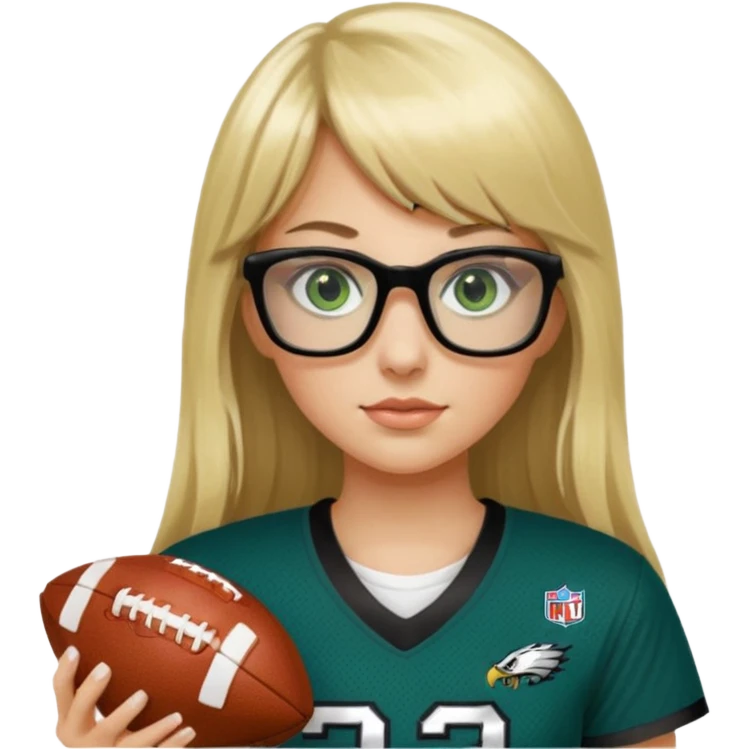long blonde hair with bangs black rectangle glasses female green eyes football player wearing eagles jersey number 33 holding football emoji