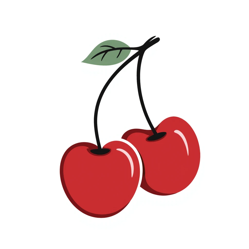 Hand-drawn two red cherries hanging from a thin branch with small leaves emoji