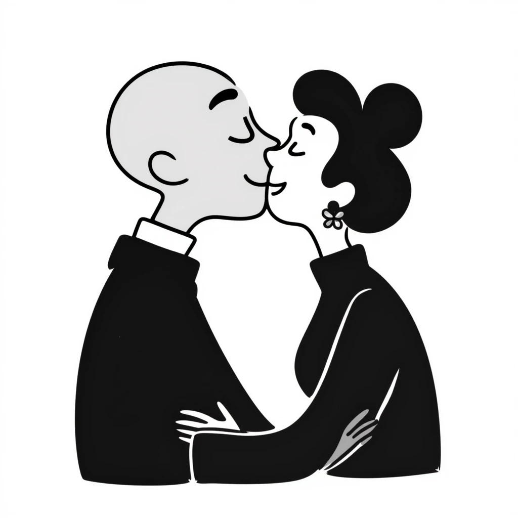 black bald man kissing white woman with short dark hair, hand drawn doodle style emoji