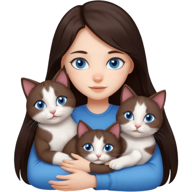 a girl with long dark 
brown hair, with blue eyes, hugs 3 different natural coloured cats emoji