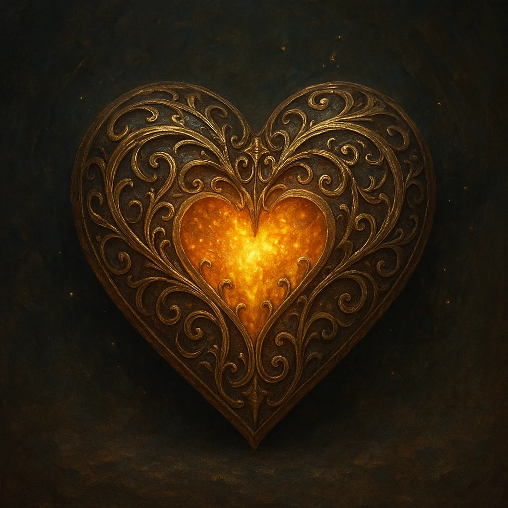 heart in a fantasy style, ancient artifact look, gold filigree, glowing center emoji