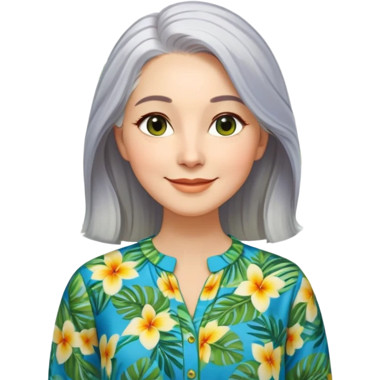 A woman with light complexion, an oval face with soft rounded features, full cheeks, gentle almond-shaped eyes with subtle smile lines, very long silver-gray hair parted to the side and styled loosely, wearing a vibrant tropical print blouse in blue, green, and yellow, exuding warmth and joy emoji