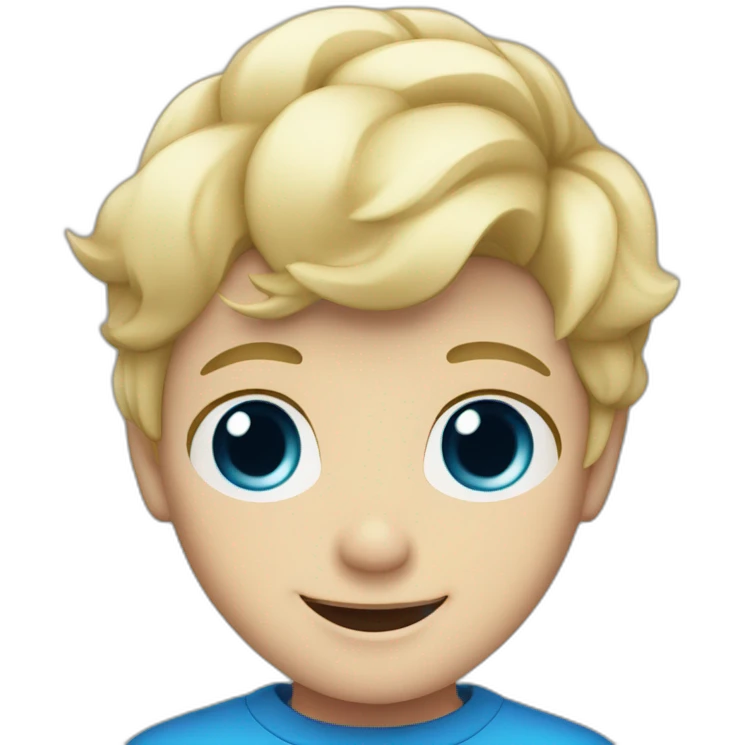 Blonde boy with medium short hair, blue eyes, waving hi to the camera emoji