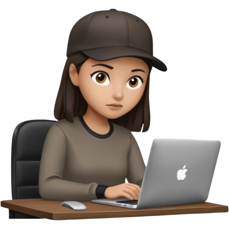 A professional 3D avatar of a young woman with olive skin and long, dark brown hair, wearing a dark, long-sleeved dark taupe shirt and a black baseball cap. She's sitting at a sleek wooden desk, typing on a silver MacBook. emoji