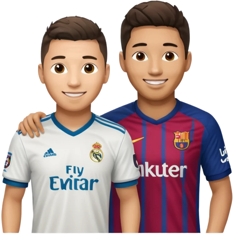 Prime noodle hair ronaldo and prime 2012 messi Smiling in one Photo and make it realistic Ronaldo wearing Number 7 With Madrid and Messi wearing number 10 with barca  emoji