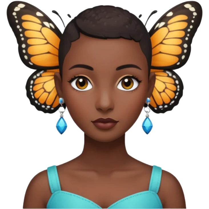 Lady with black buzz cut hair and lashes wearing 4 earrings with butterfly standing on her emoji