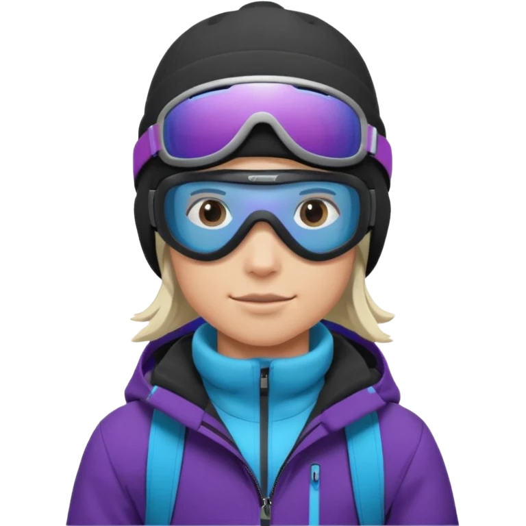Pro Snowboarder with white and grey beanie, purple and blue frameless goggles on and a black jacket emoji