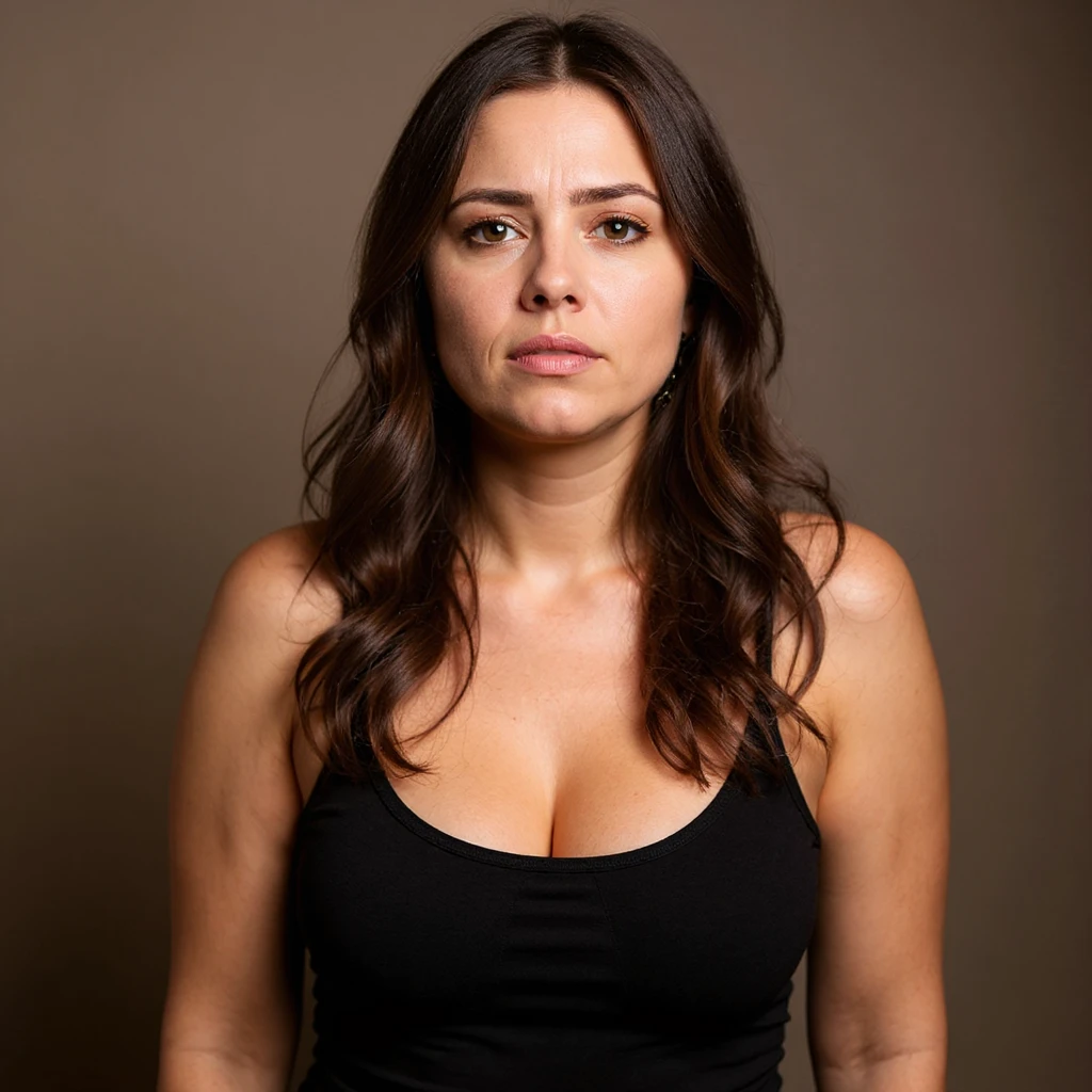 Create a hyperrealistic version inspired by the reference photo of a woman with significant cellulite, visible face showing a desperate and tired expression, identical pose to the photo, extremely detailed skin, realistic texture, natural shadows, and a neutral background. emoji