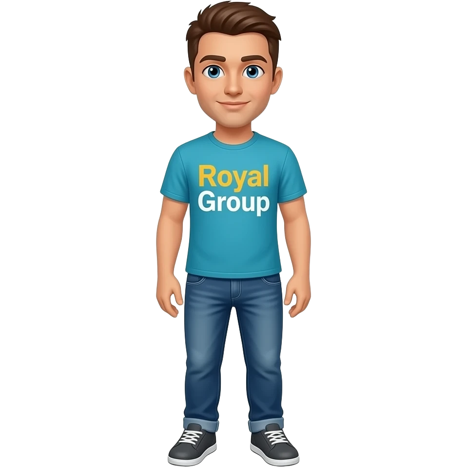 man, light to medium tone skin, buzz cut brown hair, blue eyes, aqua-blue t-shirt with letters-only logo "RoyalGroup" connected words - 'Royal' in goldenrod yellow and 'Group' in white, jeans, dark gray sneakers emoji