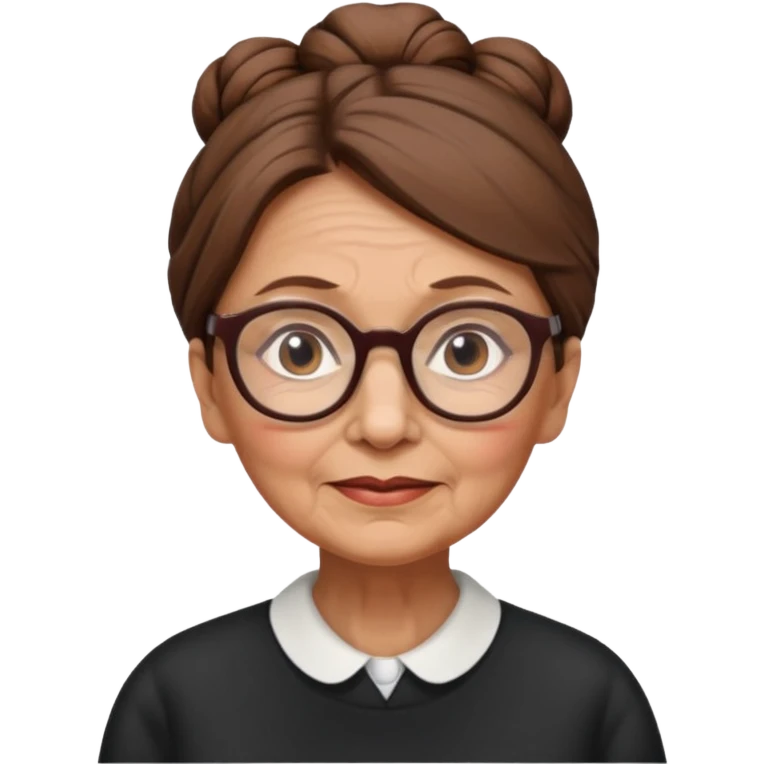 Old woman with brown hair with just one bun and glasses, white European emoji