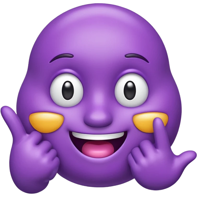 "A glossy 3D purple emoji character with shiny, reflective surface, puffed cheeks as if holding in laughter, eyes squinting mischievously, white cartoon hands — one covering its mouth and the other pointing upward with the index finger. Cute, exaggerated facial expression, smooth rounded shape,  emoji
