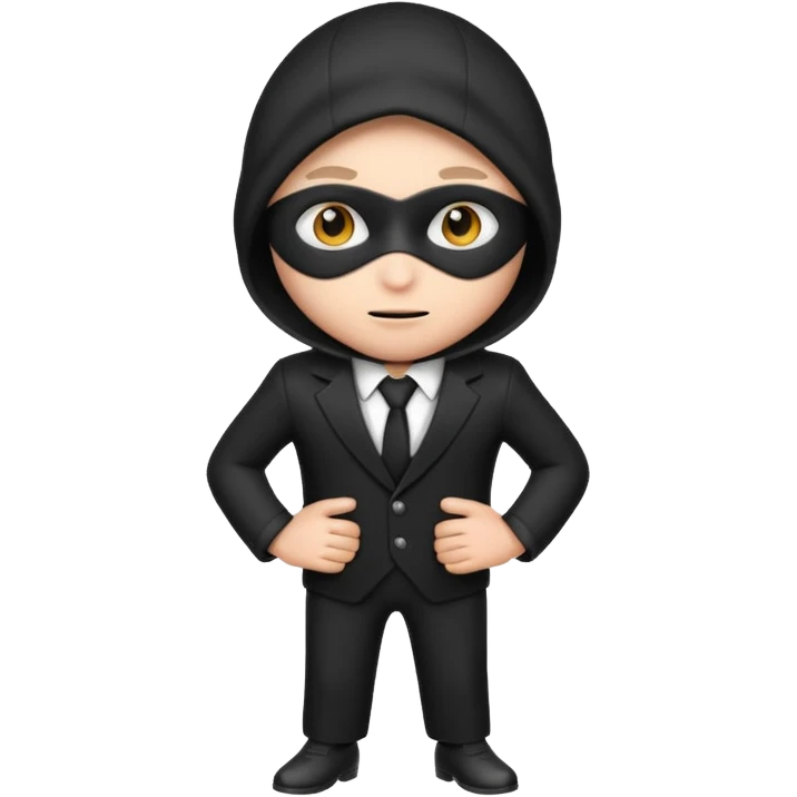 thief emoji wearing a black and white suit, sneaky expression emoji