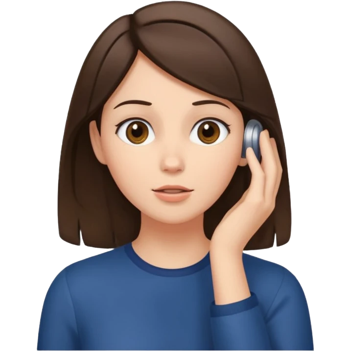 brunette tucking hair behind ear while looking ip emoji