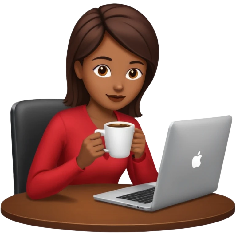 mujer tomando cafe y con un computador sentada en una mesa  emoji