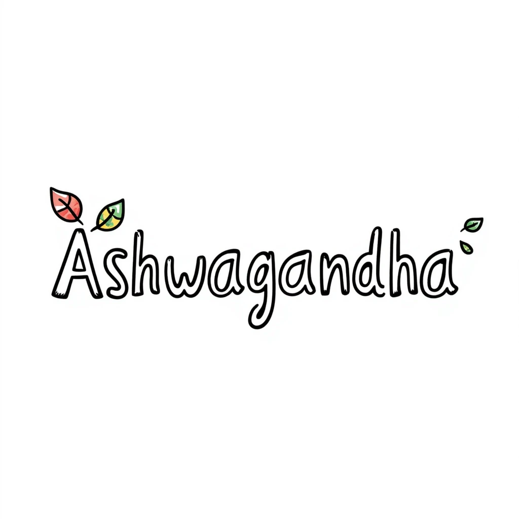 The word "Ashwagandha" hand-drawn in white text with a dark background and just a few colorful accents. Simple doodle style with minimal decoration. emoji