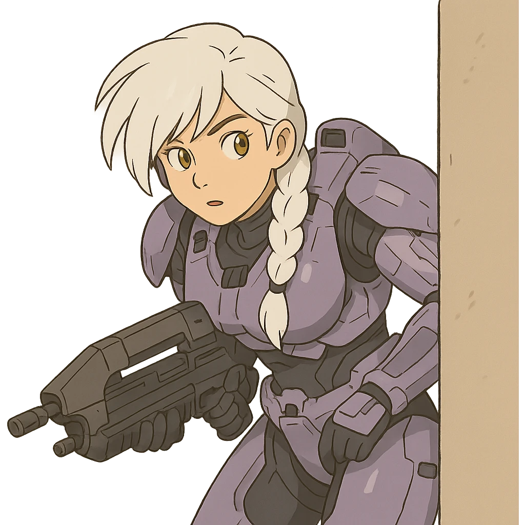 female, wearing reach spartan armor default, long white braid hair with massive messy front side single bangs, gold yellow eyes, attention pose, HALO:series, no helmet, the armor is lavender color scheme, shoulder pad off. DDD bust size fitting. Punk gothic cyberpunk, peeking around a corner wall brandishing a classic halo1 AR emoji