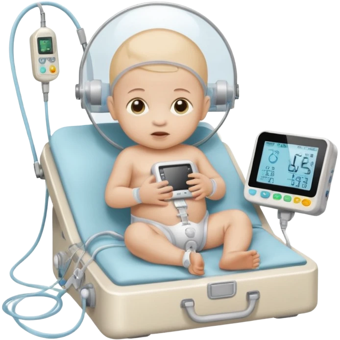 NICU tiny microprem baby in isolette with monitoring attached. emoji