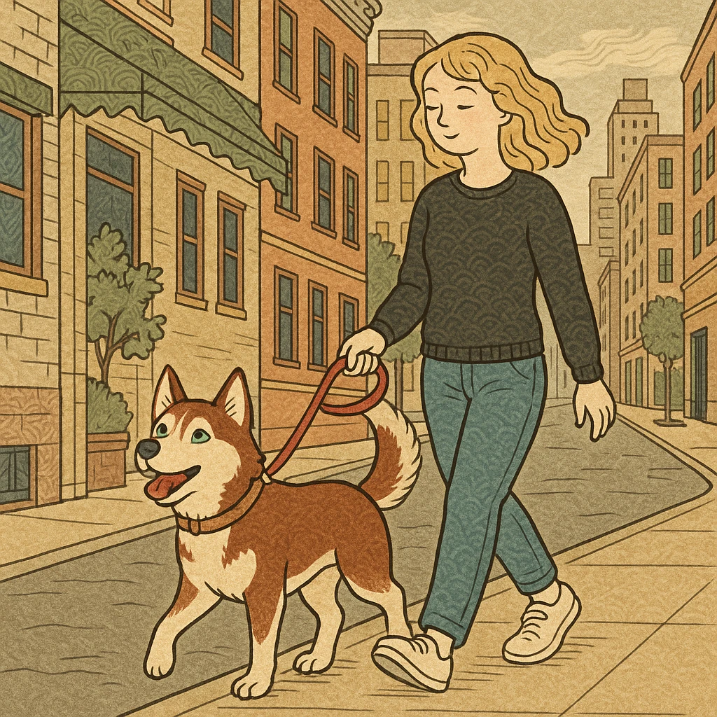 Cute Blonde woman wearing a black sweater and jeans and white sneakers walking a happy red-brown blue-eyed Siberian husky in New York City on an upper east side city sidewalk  emoji