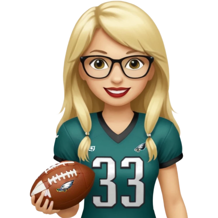 full length women wearing eagles uniform, long blonde hair, even bangs, black glasses, holding football, number 33, smiling, lipstick emoji