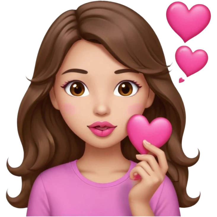girl with long wavy brown hair, brown eyes, light to medium complexion, in a pink shirt, pink lips, long lashes, puckering up for a kiss, kiss lips and hearts in hand emoji