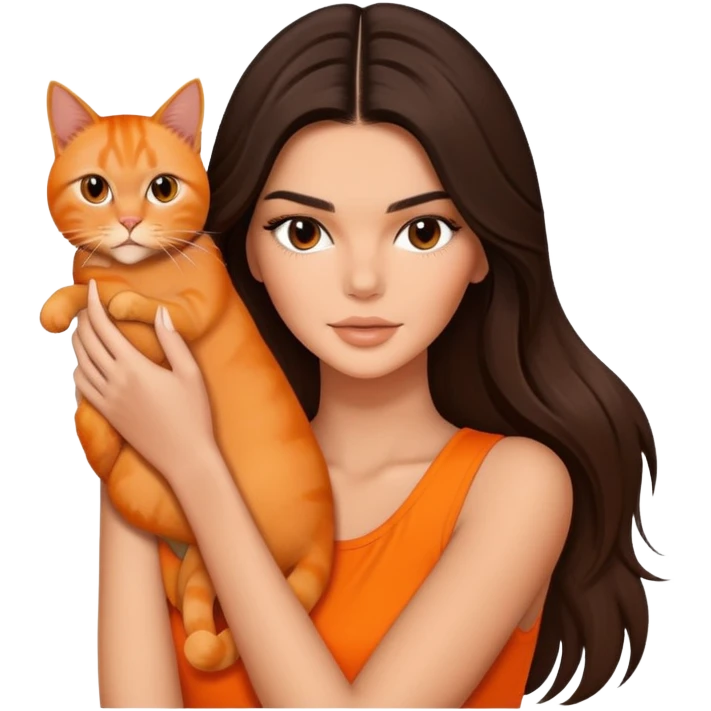 brunette Kendall Jenner with long hair holding on the hands Orange cat emoji