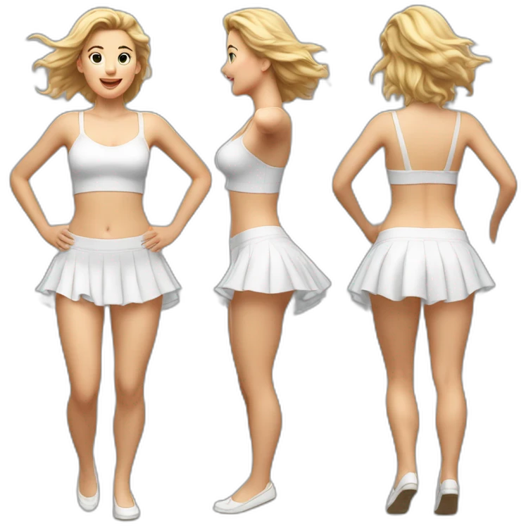 hyperrealistic-full-body-caucasian-curvy-beauty-jumping-small white-skirt-back-and-front-views-strong-wind-knickers emoji
