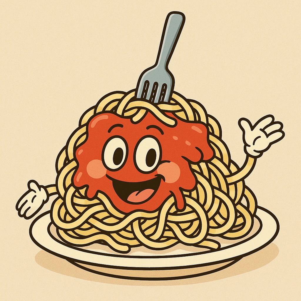 spaghetti pasta, cartoon style, playful, bright colors, smiling face, fun food character emoji