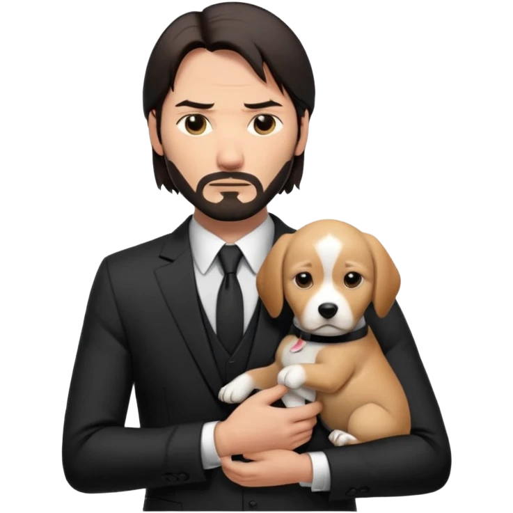 John Wick inspired character, holding a puppy, black suit, serious face emoji