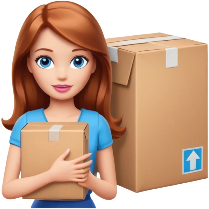 Barbie with shoulder-length reddish-brown hair , blue eyes with makeup , wearing a brown longleaf , stands with a parcel box emoji